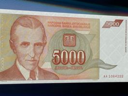 Belgrad 1993 - Jugoslawien - 5000 Dinara UNC - Nikola TESLA