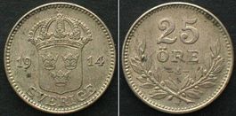 SCHWEDEN 25 Öre 1914 GUSTAF V. Silber ERHALTUNG! vz+