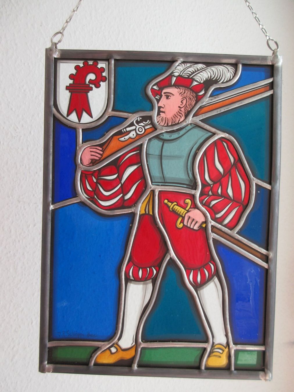 Altro in Antiquarato & Arte: Wappenscheibe mit rotem Baselstab und Landsknecht – Usato da Binningen venduto da tempipassati