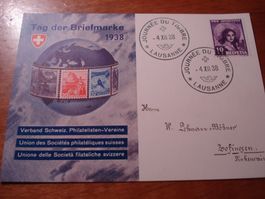 Karte Tag der Briefmarke 1938 Lausanne, Karte Deutsch, gelau