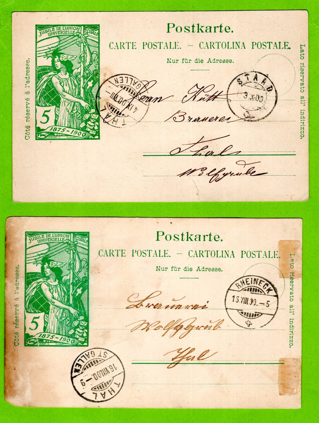 Tutti i francobolli: 1900 - 2 UPU Postkarten (b) – Usato da Stein am Rhein venduto da Huehnerhund