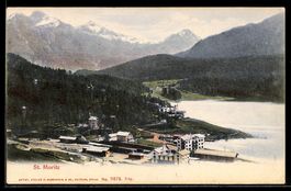 AK St. Moritz, Ortsansicht mit Bahnhof aus der Vogelschau