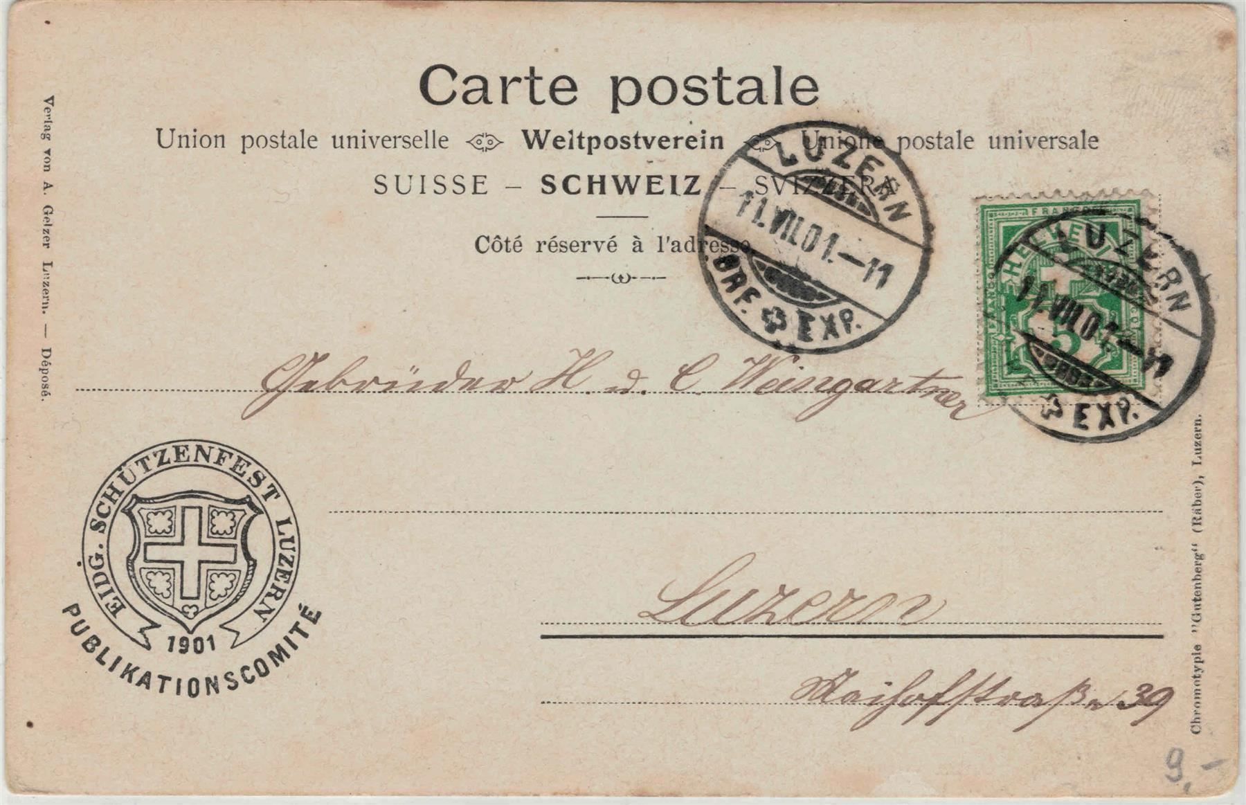 Cartoline postali: LU 30 Luzern Eidg. Schützenfest 1901 – Usato da Fribourg venduto da philafri 1