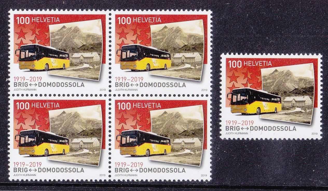 Tous les timbres: 2019  Viererblock + Einzelmarke  Postauto  ** Postfrisch ** – Neuf (Voir description) à Adliswil par Aenti