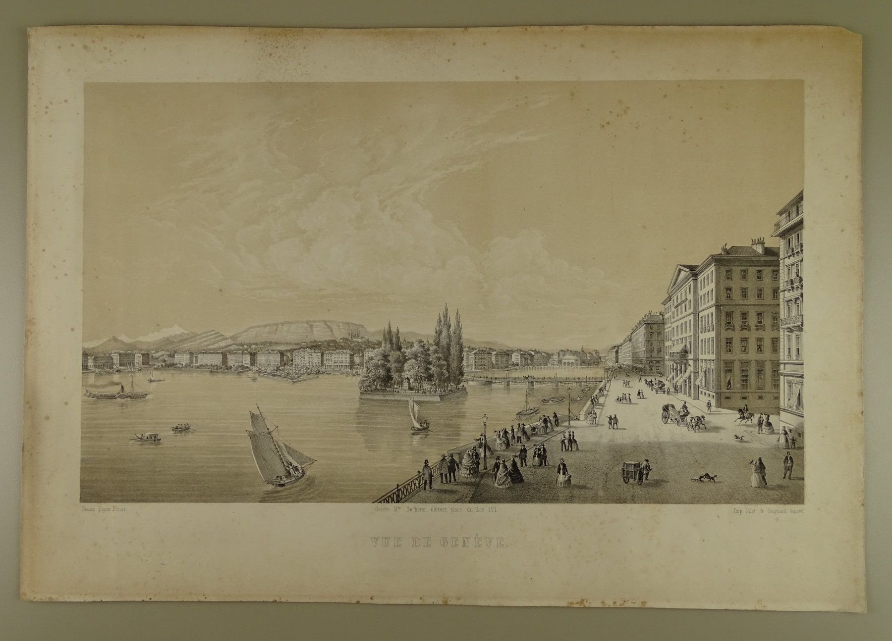 Stiche: GENÈVE, GENF, GROSSE LITHOGRAPHIE UM 1850 – Gebraucht aus Grüningen von Kartensammler 1
