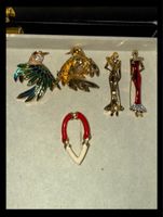 Vintage Brosche Set, 5 Stück, Gold, Emaille, Vögel, Damen 50