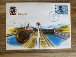 Briefumschlag Panama mit Briefmarke und Balboa Münze 1983/84