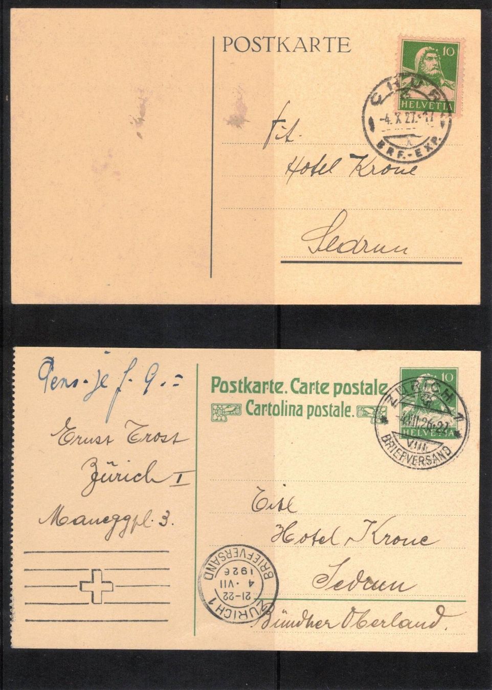 Tous les timbres: 1929 2 Postkarten nach Sedrun – D'occasion à Rheinau par loxis