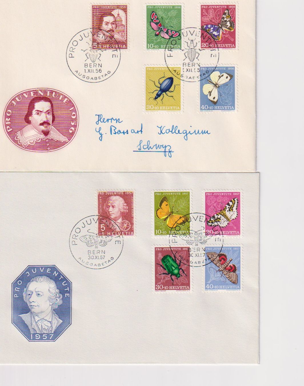 Tutti i francobolli: 2 PJ FDCs 1956 und 1957. – Usato da Dornach venduto da kloster33