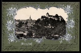 Präge-AK Burgdorf, Schloss und Ortsansicht, Ornament-Rahmen 