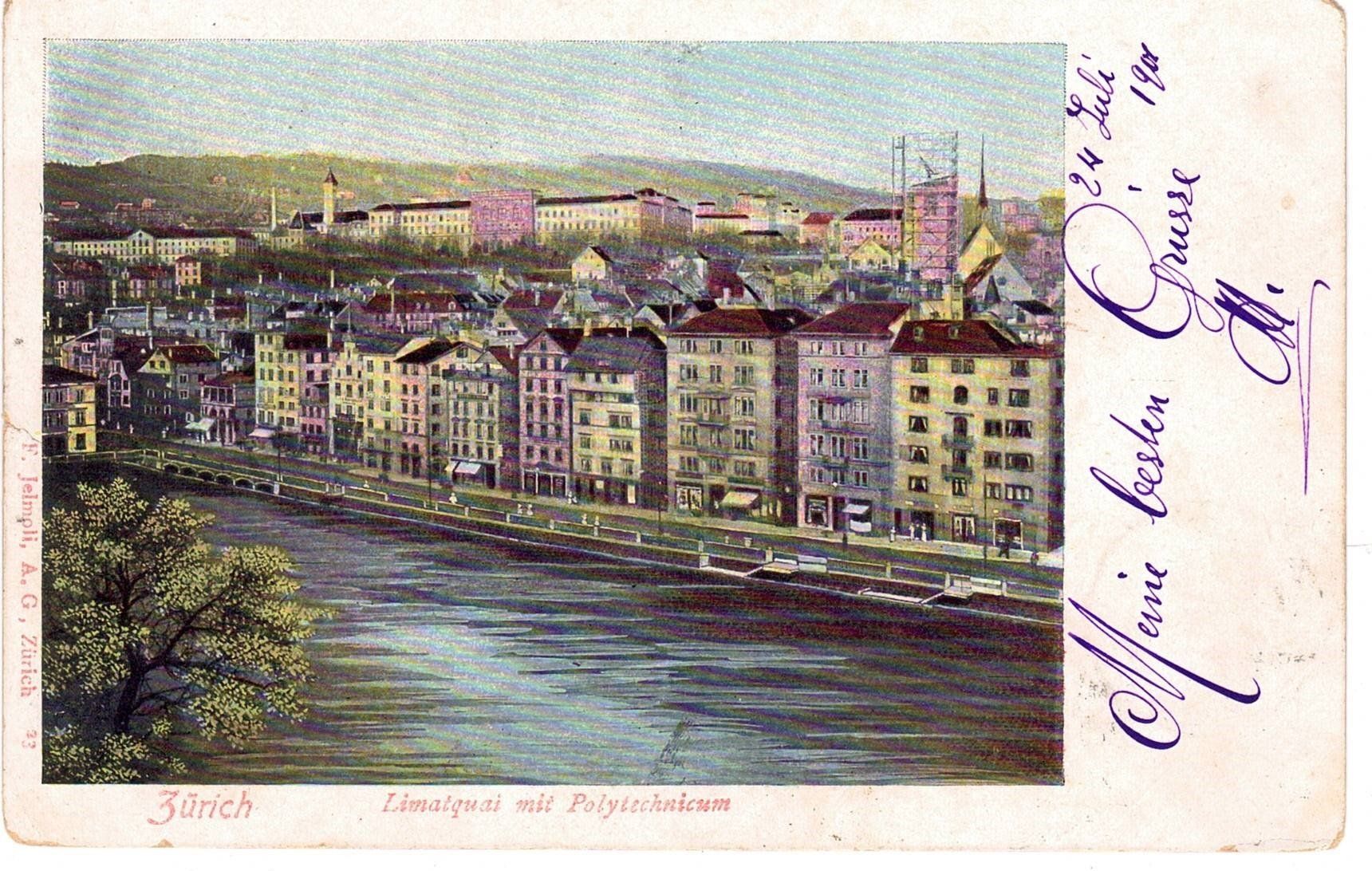 Ansichtskarten: 1901 Zürich, Limatquai mit Polytechnicum – Gebraucht aus Kreuzlingen von Koi4