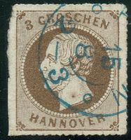 Hannover 1864 3 Groschen, blauer Stempel 15.8.