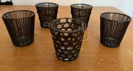 5 Windlichter, Kerzenhalter, schwarz, Metall, Glas