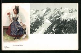 Litho Appenzellerin in Tracht mit Bergpa