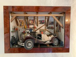 Einmaliges Diorama "Mercedes Oldtimer mit Werkstatt"