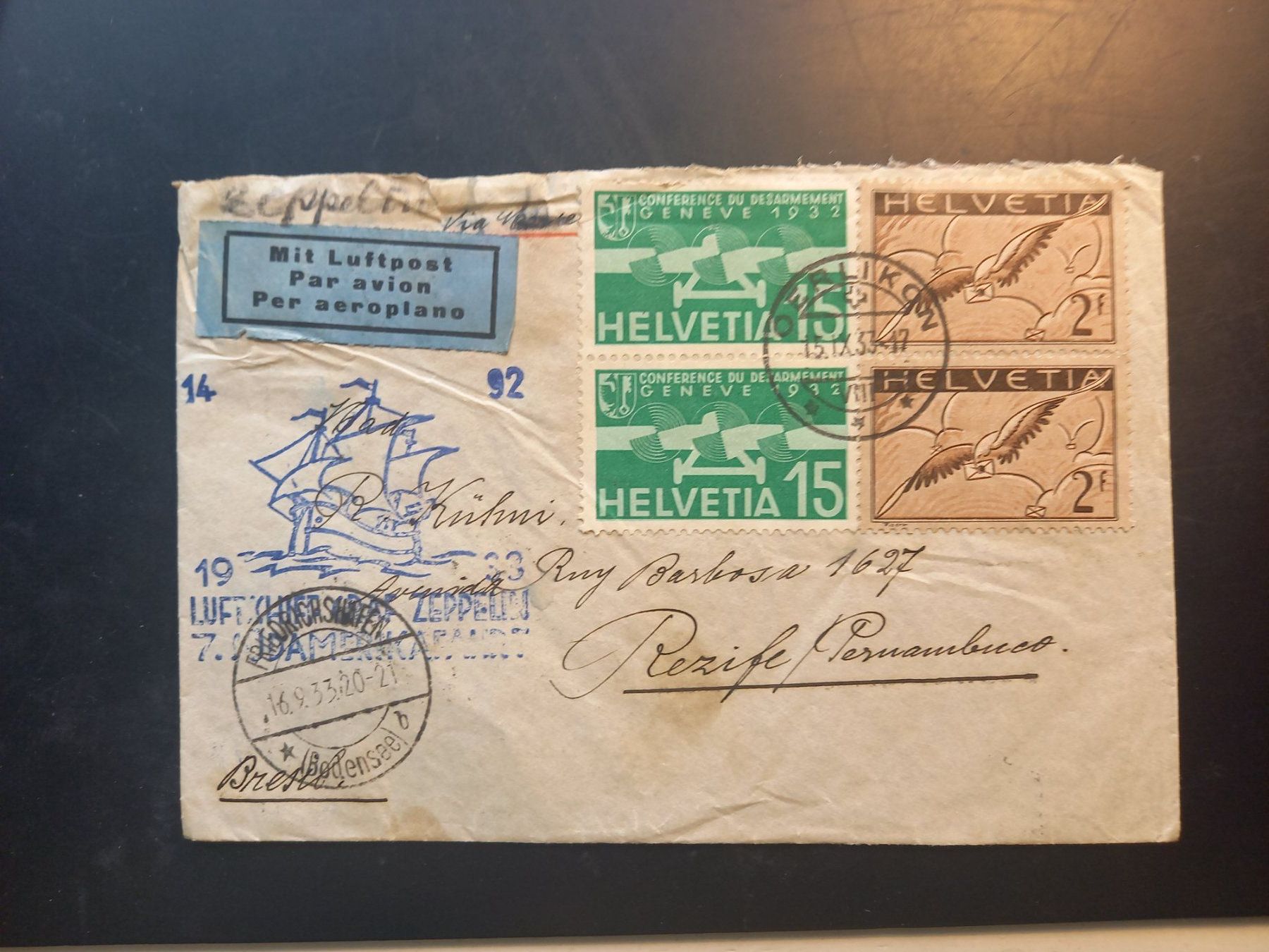 Tutti i francobolli: Luftschiff Zeppelin Südamerikafahrt 1933 – Usato da Herzogenbuchsee venduto da Herkules9