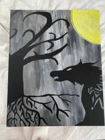 Bild mit Baum und Wolf im Mondschein handgemalt