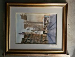 Peter Ries – Aquarelle originale – Village ancien et archite
