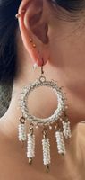 Beaded white earrings with hoop and beaded strands