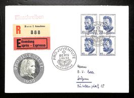 1953 FDC Viererblock Pro Juventute illustriert Einschreiben