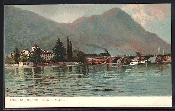 Cartoline postali: Litho Lugano, Ponte di Melide, Lago di L – Usato da Berlin venduto da bartko-reher
