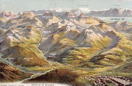 Vogelschau-AK: Bulle et la Gruyère, gelaufen 1909