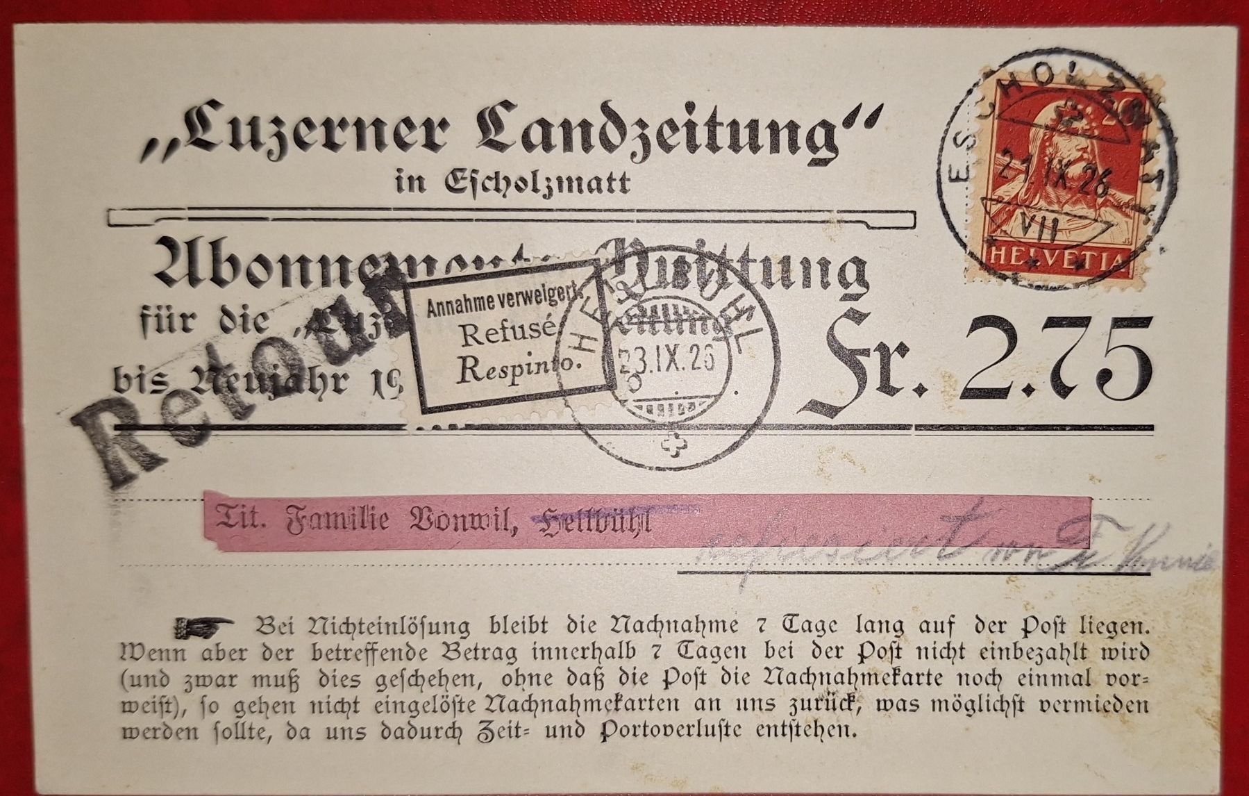 Tutti i francobolli: Luzerner Landzeitung Ganzsache – Usato da Balgach venduto da SIMEON27