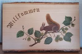 Holzschild "Willkommen" mit Eichhörnchen - Handbemalt!