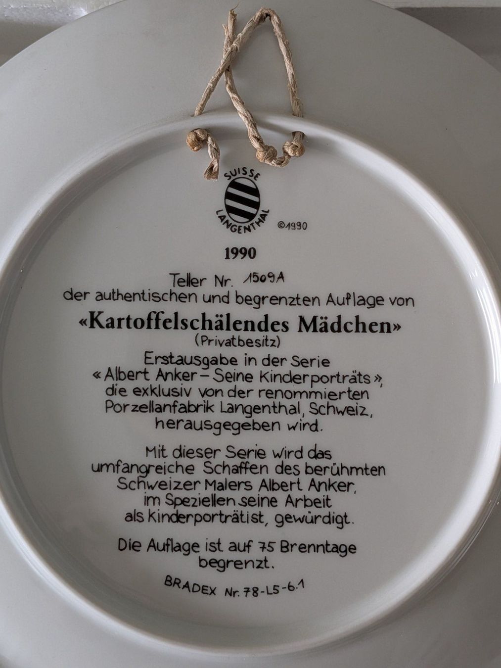 Teller: Sammelteller Albert Anker "Kartoffelschälendes Mädchen" 1990 – Gebraucht aus Port von gecotom 2