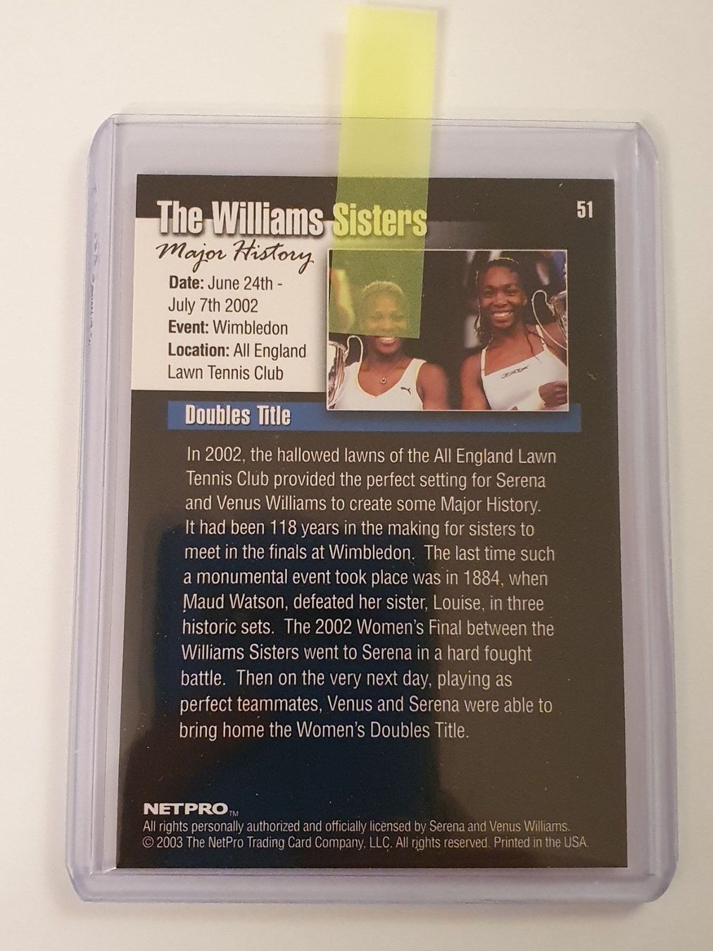 Carte collezionabili: Serena Venus Williams Rookie 2003 Netpro – Usato da Oberdorf BL venduto da BaldenEagle 1