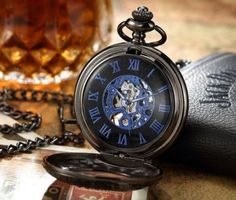 Taschenuhr skelettiert Vintage-Stil schwarz blau V4763