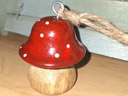 Deko Pilz Holz zum Aufhängen rot weiss neu