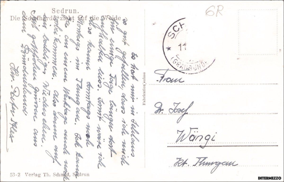 Cartoline postali: Sedrun GR // Schafherde Kirche ca. 1950 – Usato da Basel venduto da intermezzo12 1