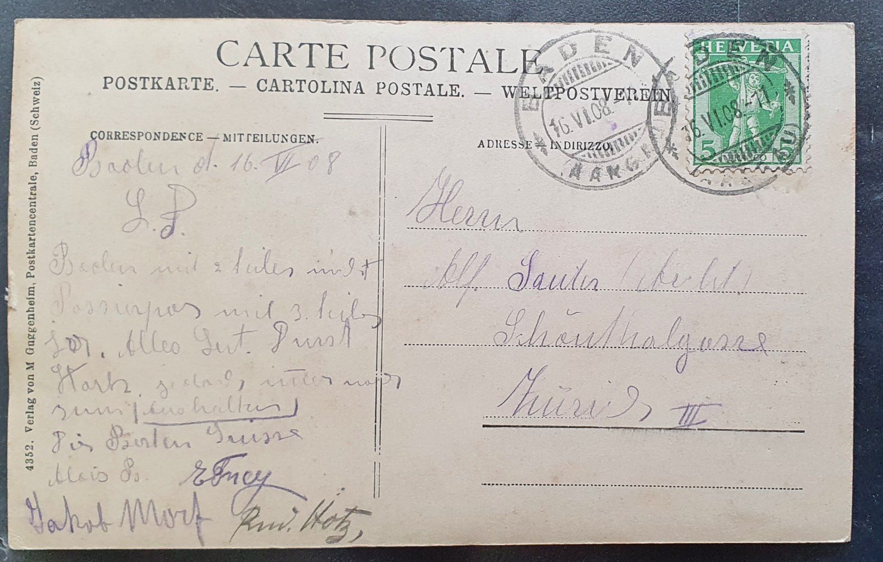 Cartoline postali: Baden 1908 - Partie an der Limmat – Usato da Kreuzlingen venduto da Rschweiz1 1