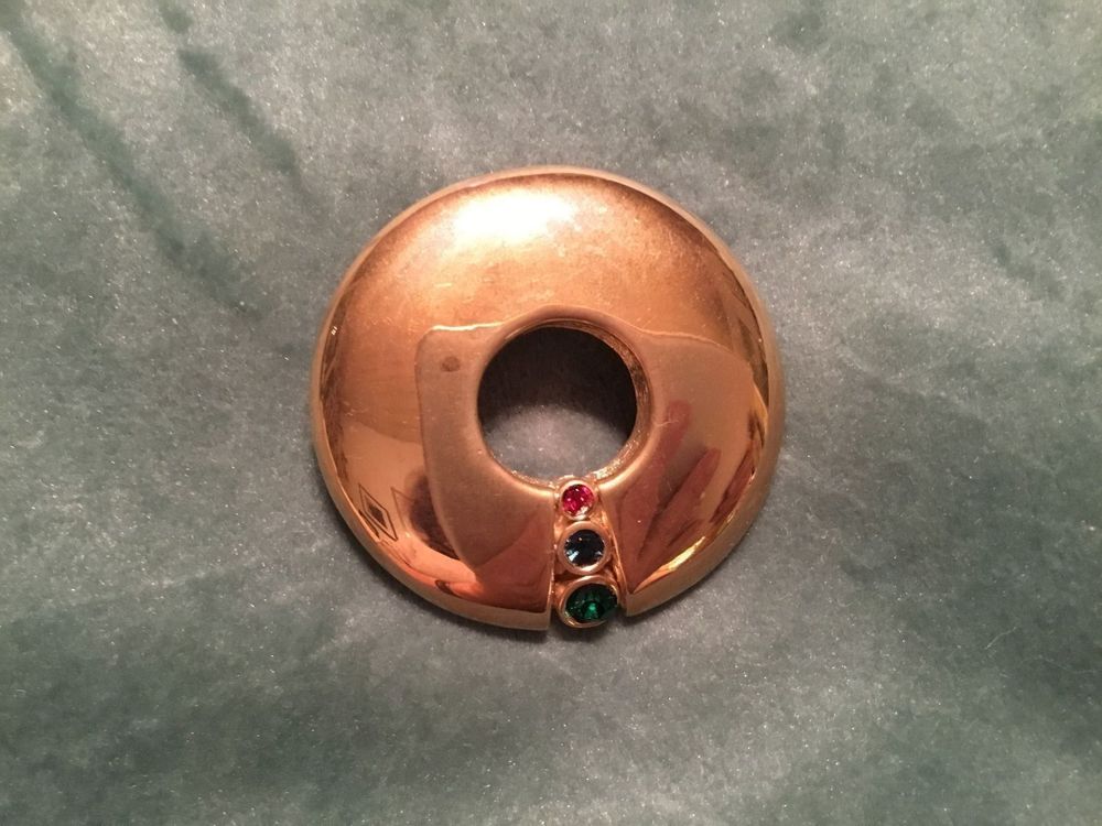 Pince à Foulard Dorée Avec Cabochon Vert Signée RG - Occasion Très Bon état