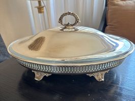 Deckel-Servierplatte mit Pyrex Einsatz - versilbert