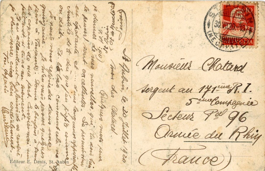 Cartoline postali: St. Aubin   NE        en 1920 – Usato da Brig venduto da Valcards54 1