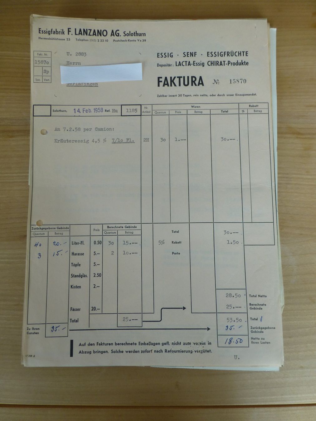 Foto & Immagini: Solothurn, F. Lanzano Essigfabrik, 1958 – Usato da Bettlach venduto da 1saurer