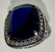 Ring Silber mit dunkelblauem Stein und Kristallen Grösse 60