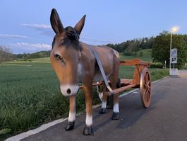 Lebensgroße Esel Figur mit Wagen für Garten und Terrasse