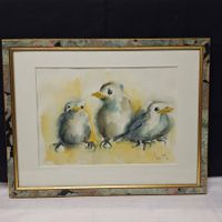 3 Vögel, Aquarell Bild, mit buntem Bilderrahmen 90er