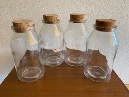 4 alte Glasflaschen mit Korkverschluss für Konserven