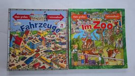 2x Wimmelbücher: Fahrzeuge und Im Zoo, ausziehbare Seiten