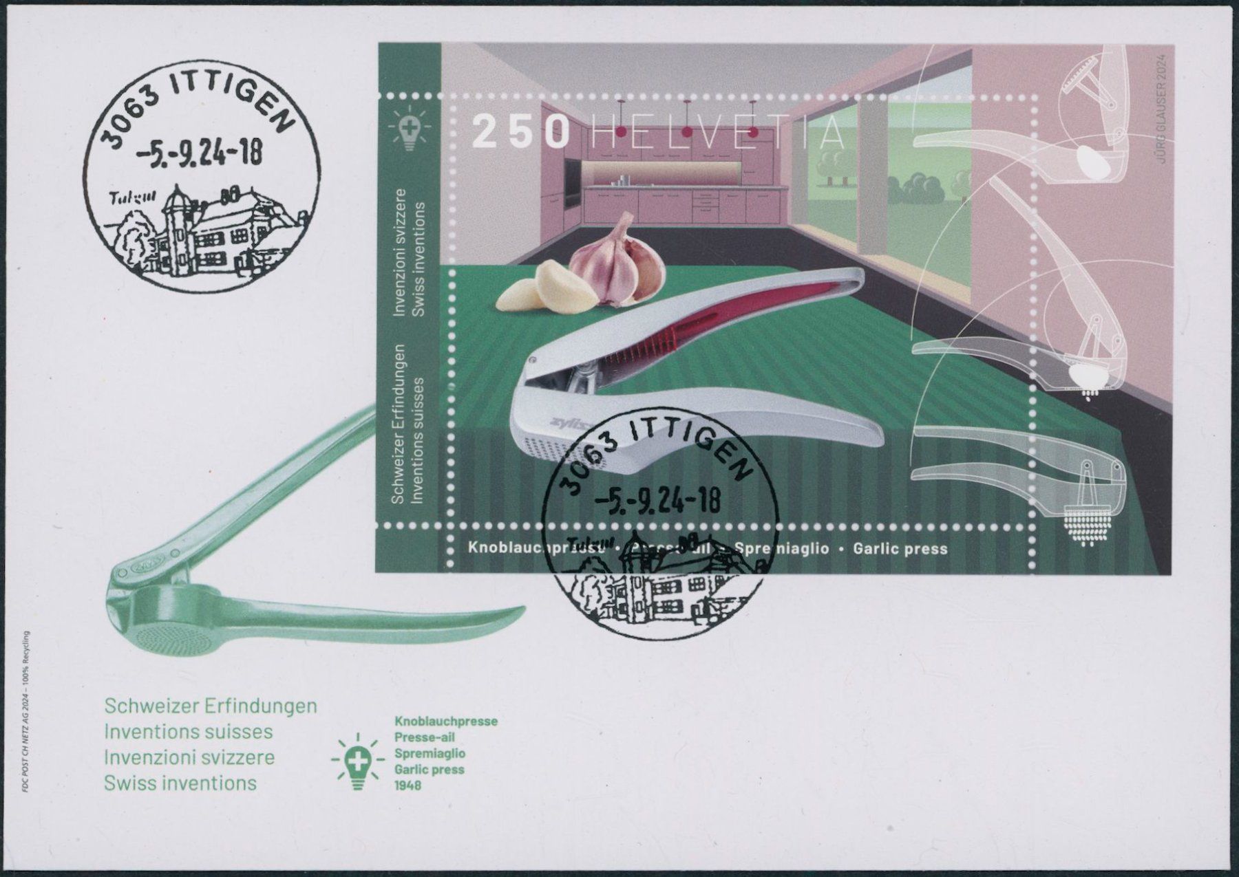 Alle Briefmarken: 2024 - Knoblauchpresse - Block - Ersttagsbrief FDC ET – Gebraucht aus Schindellegi von leecollect