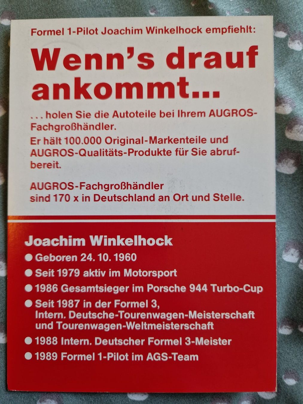 Autografi: Autographe JOACHIM WINKELHOCK F1 – Usato da Lutry venduto da SwissBBCards 1