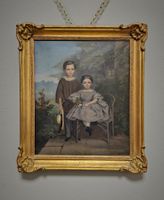 Antikes Ölportrait Doppelkind im Garten, signiert, gerahmt