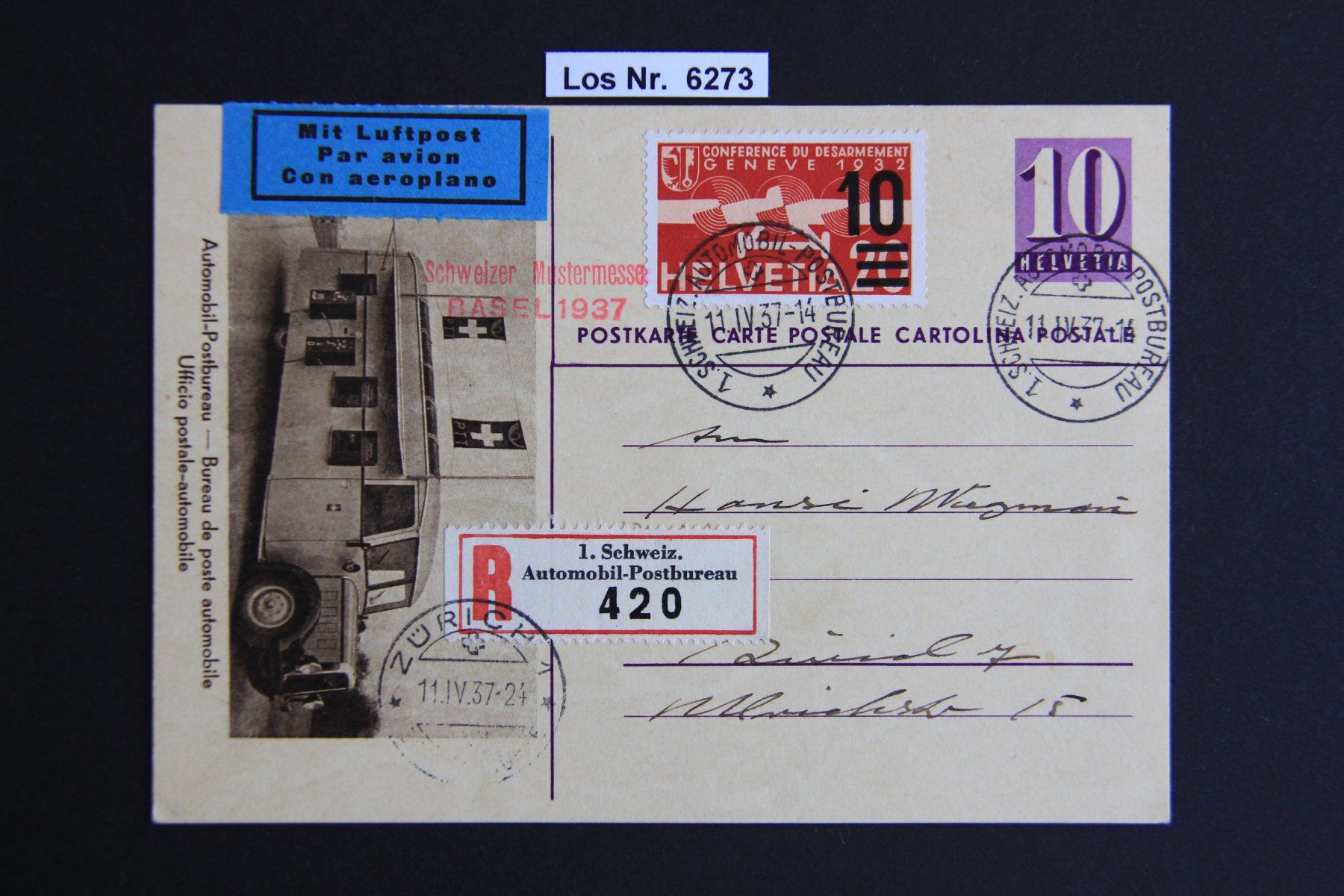 Alle Briefmarken: F Postkarte mit Luftpost 1937                       Los 6273 – Gebraucht aus Volken von jukon65