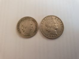 Münzen Schweiz CH 20 Rappen 1885