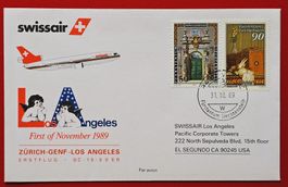 LIECHTENSTEIN SWISSAIR FLUGPOST ZÜRICH LOS ANGELES USA 1989