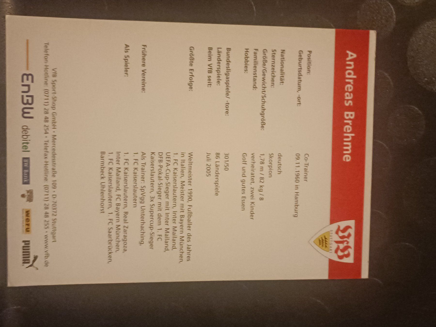 Autografi: Andreas Brehme - VfB Stuttgart - Handsigniert – Usato da Menziken venduto da Artographs 1